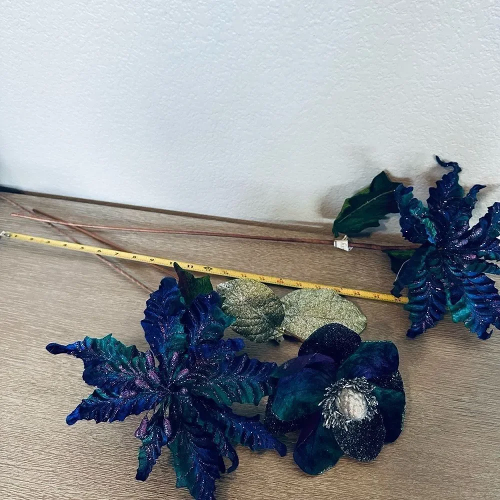 Peacock Teal Purple Velvet Floral Flower Stems 3-pc Lot